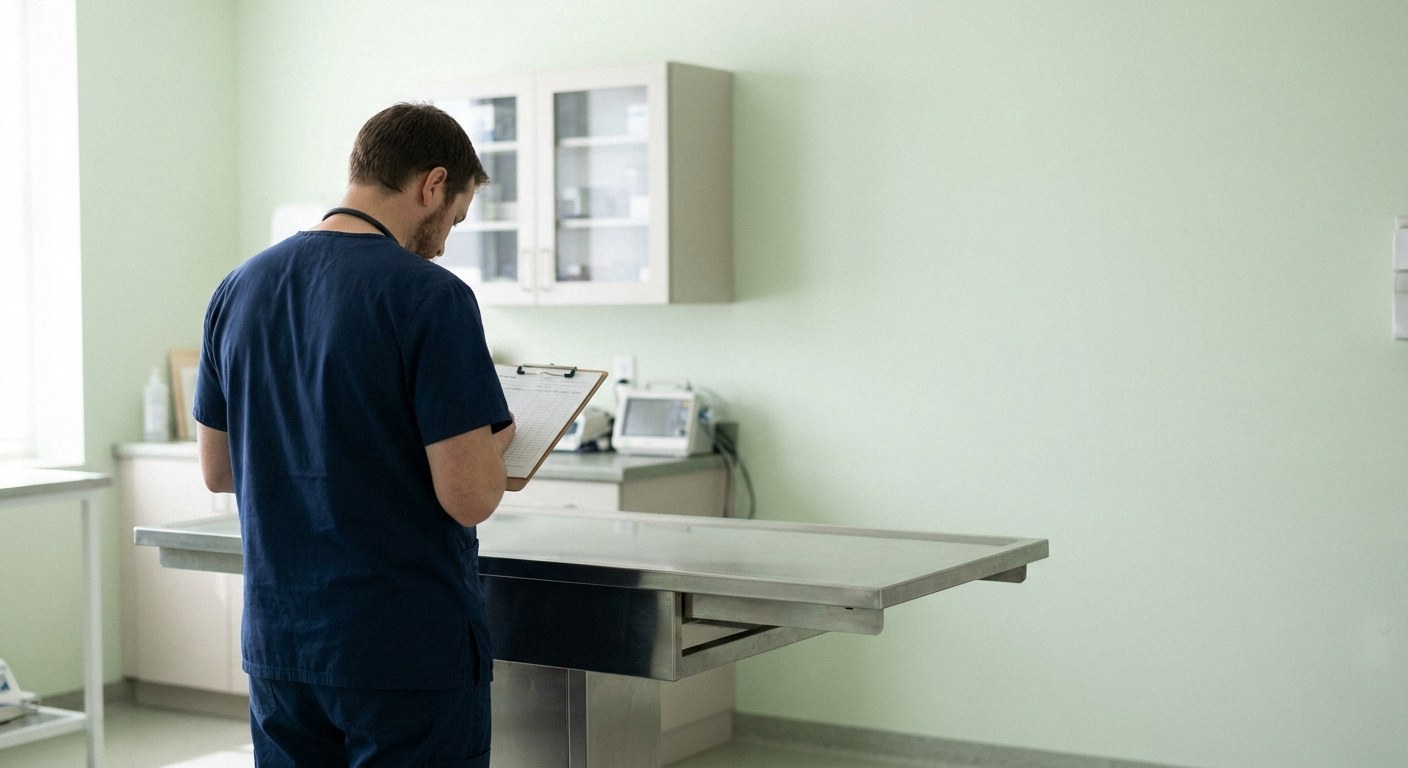 A man in blue scrubs stands near a metal exam table, looking at a clipboard. The room has light green walls, medical